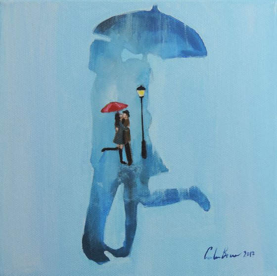 Rainy day couple silhouette oil painting