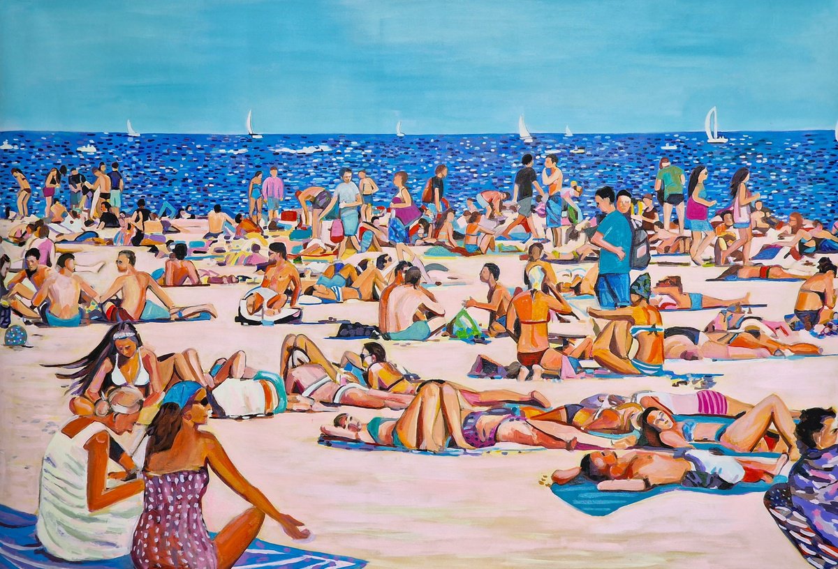 Urban And Pop Portrait Acrylic Painting By Alexandra Djokic, 62 X 42, At The Beach, Original Artwork