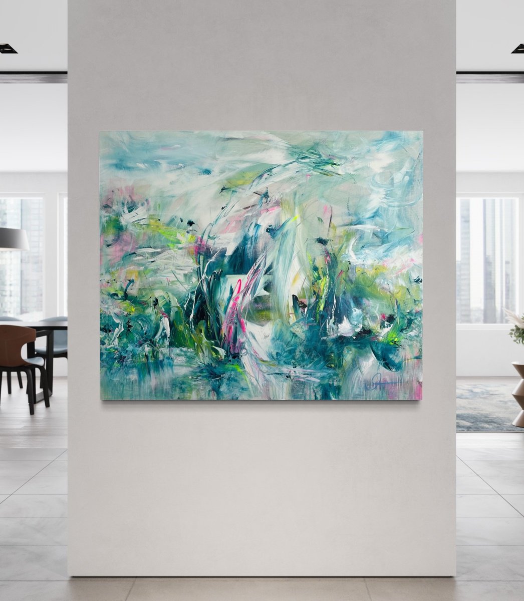 Expressive Abstract Acrylic Painting By Maria Bevilacqua-Fischer, 47 X 39", Leggerezza Iv- Lightness No. 4, Original Artwork