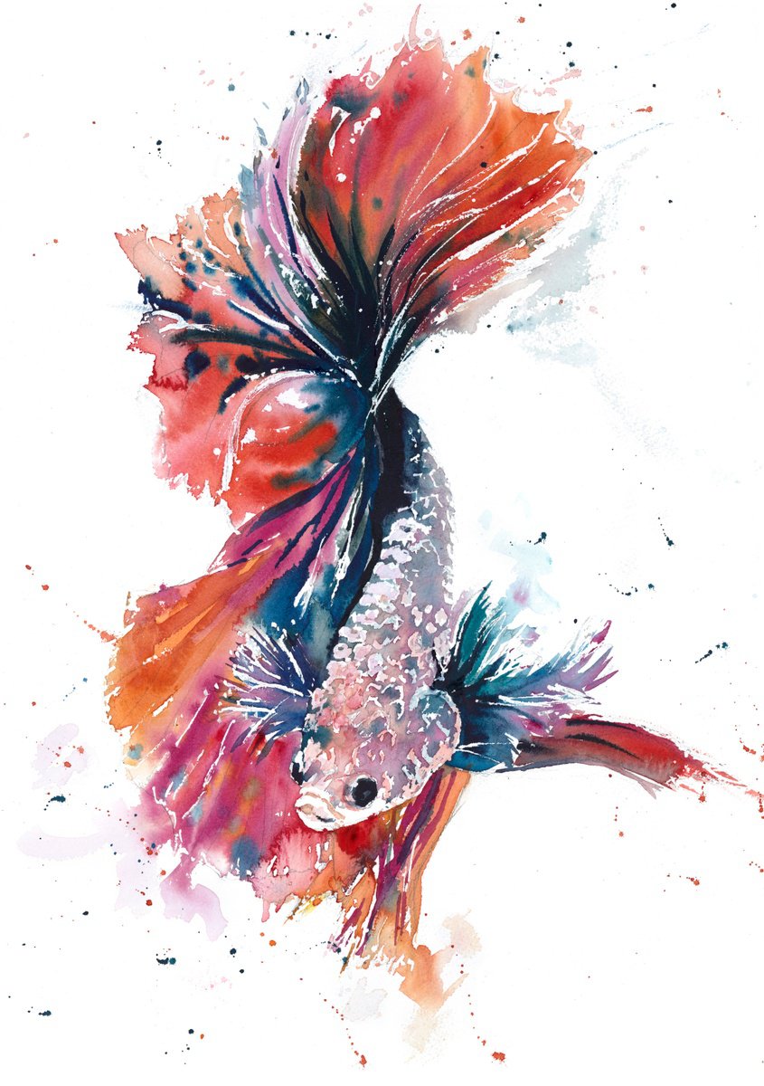 Expressive Animal Watercolour By Natalie Bowden, 14 X 20", Siamese Fighter Ii, Original Artwork