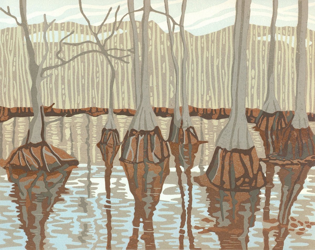 Landscape Linocut By Kate Goetz, 13 X 11", What Lies Hidden, Original Artwork