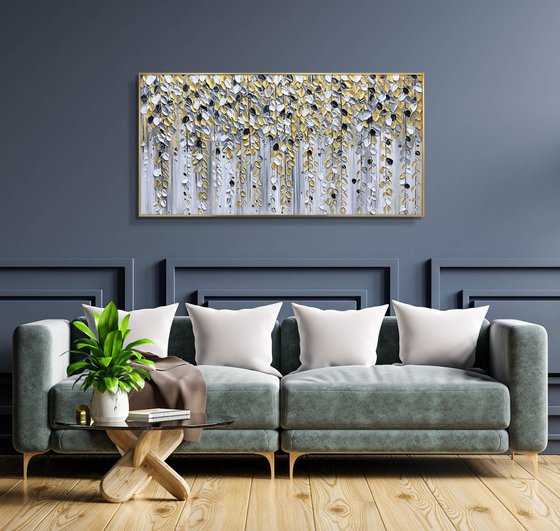 Golden Cascade - Original Abstract Falling Gold Leaves FlowerPainting, White Flower Painting, Size: 48 x 24 inches (120 x 60 cm)