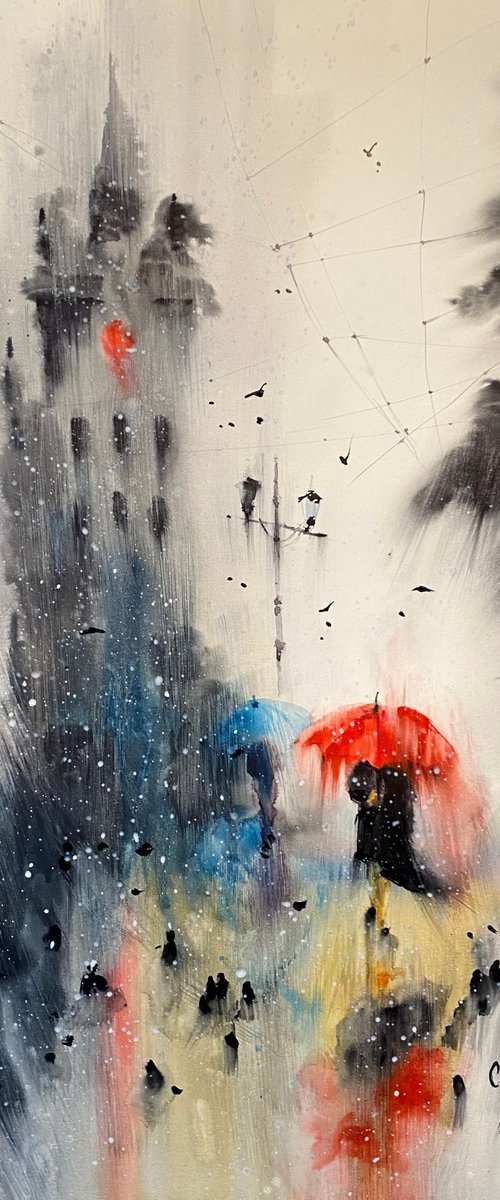 Watercolor “Red accent in the rain” perfect gift by Iulia Carchelan