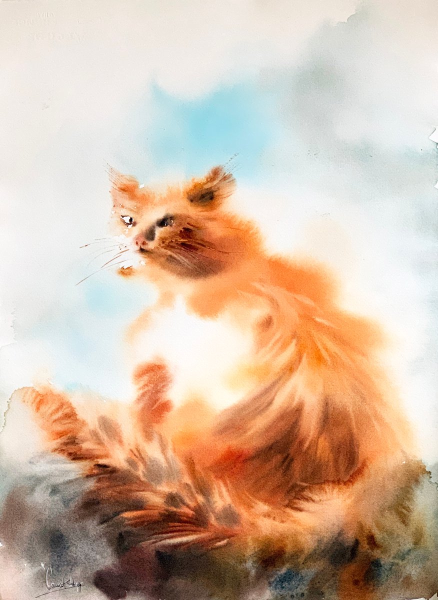 Impressionistic Animal Watercolour By Sophie Rodionov, 16 X 22", Ginger Cat, Unfinished Cat, Original Artwork