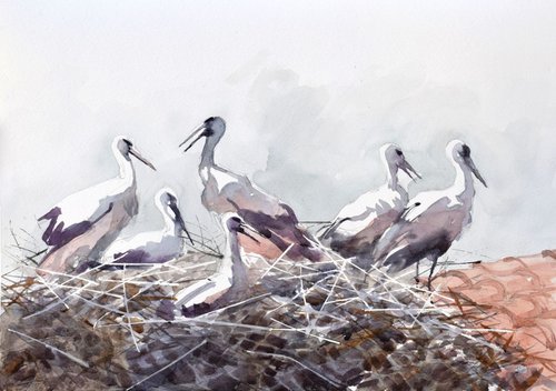 Storks in the nest 2 by Goran Žigolić Watercolors
