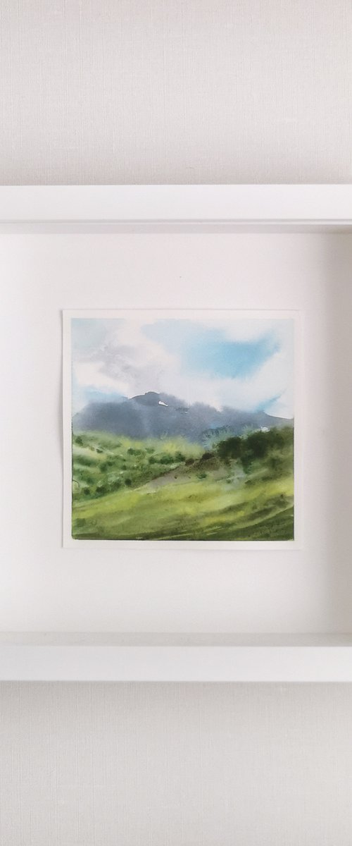 Mountain landscape, small watercolor painting by Olga Grigo