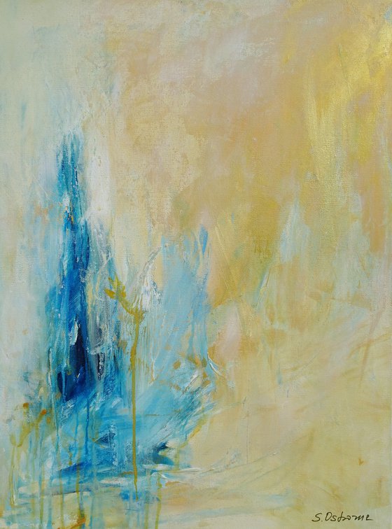 Large Abstract Painting. Modern Blue and Gold Diptych Art. 61 x 91 cm