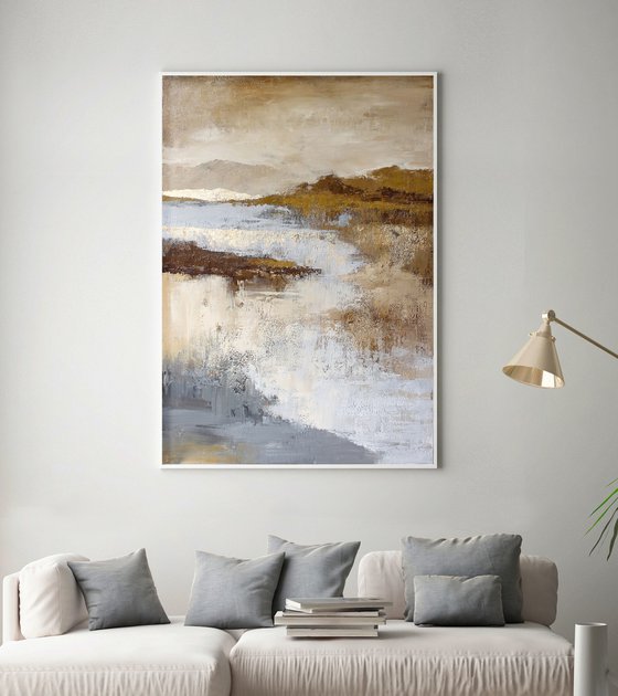 "Mountains" Abstract cream gold acrylic art