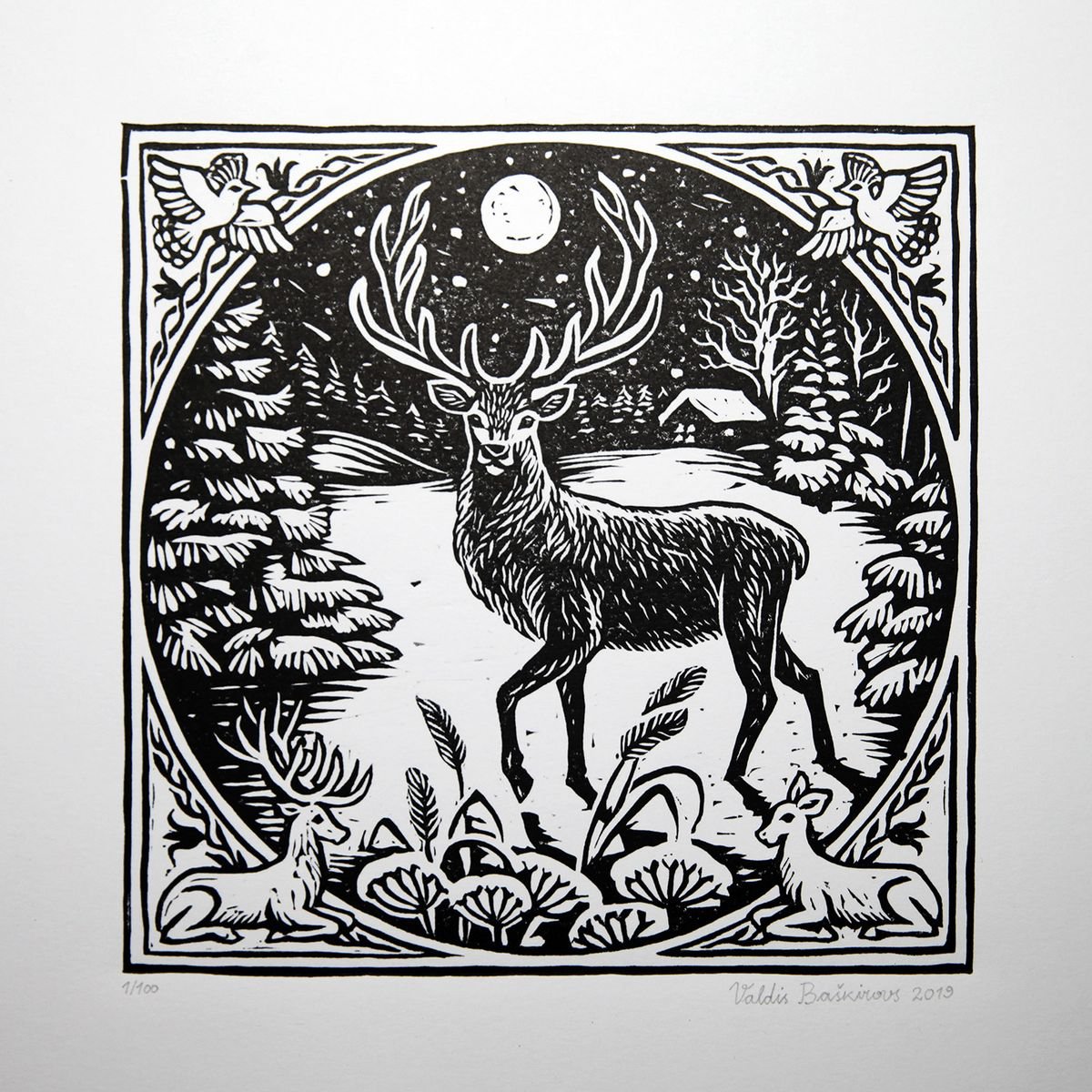 Buck, Male Deer, Stag in Winter. Linocut Print. by Valdis Baskirovs