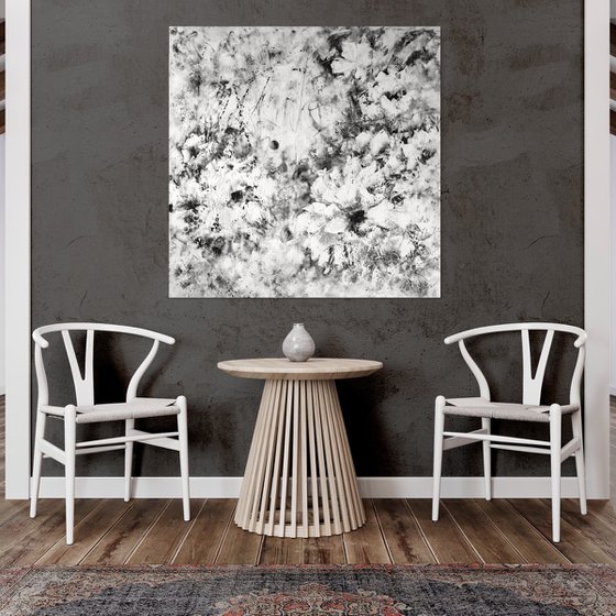 "Serenade in Black and White" XXL abstract flower painting