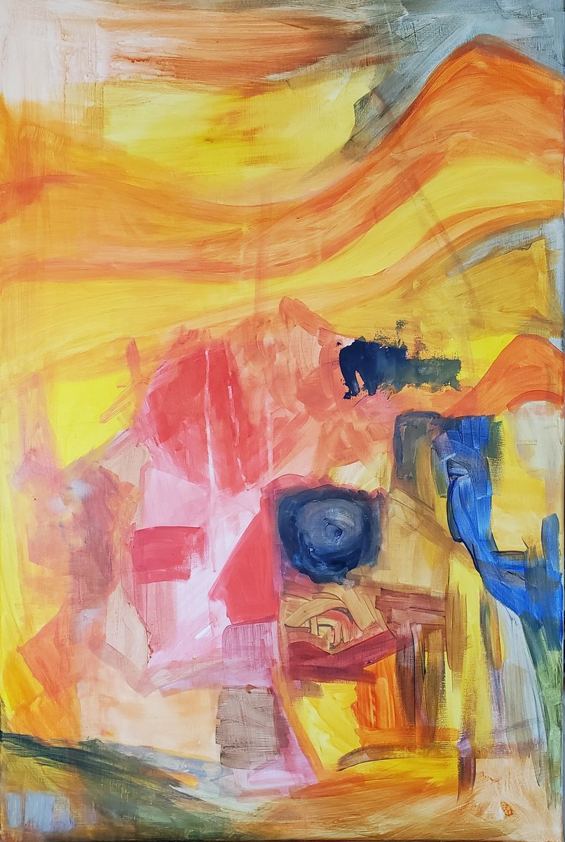 Organic Abstract Acrylic Painting By Rebecca Hodel, 24 X 36", Hills Like Blue Elephants, Original Artwork