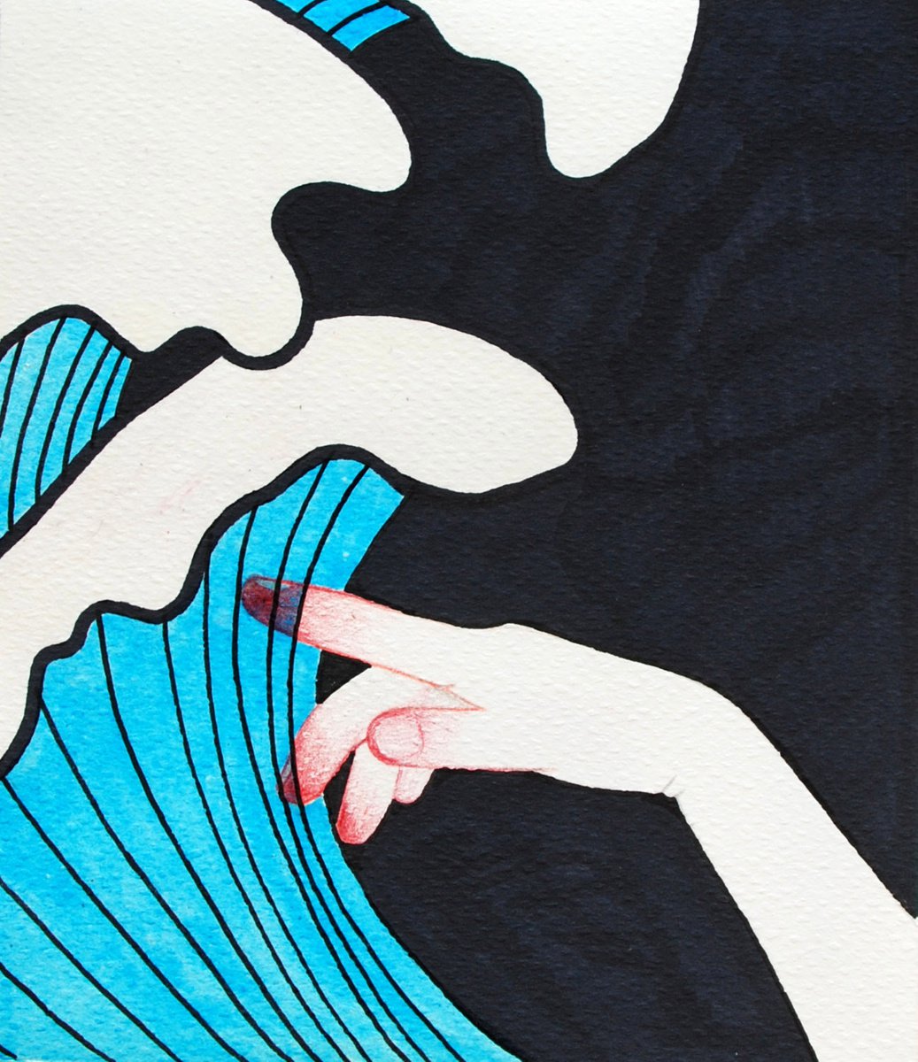 Surrealistic Landscape Ink Drawing By Andromachi Giannopoulou, 6 X 6, Touching A Tsunami, Original Artwork