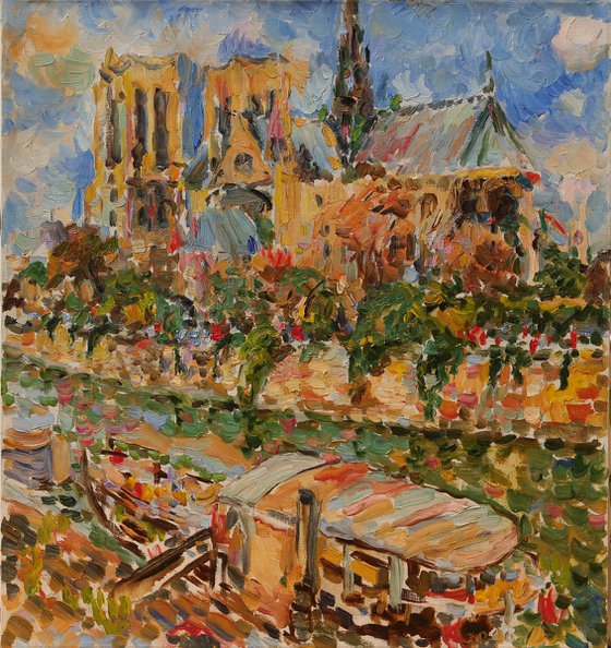 VIEW OF NOTRE DAME DE PARIS - Barges on the Seine Landscape - Oil Painting - Cityscape of Paris - Impressionism - Medium Size - Gift