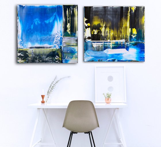 "Cold Front" - Save As A Series - Original PMS Abstract Acrylic Painting Diptych On Recycled Wooden Desk Panels - 54" x 26"