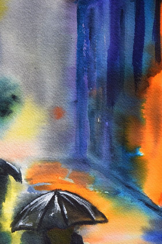 Rainy night New York original watercolor painting, abstract cityscape