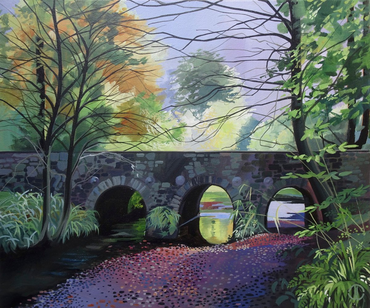 Impressionistic Landscape Acrylic Painting By Joseph Lynch, 24 X 20, Minnowburn Bridge, Original Artwork