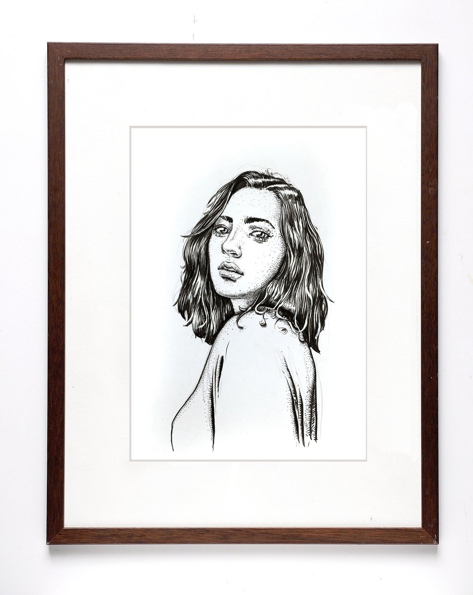 Expressive Portrait Ink Drawing By Dario Moschetta, 14 X 18, Portrait 257A.2020, Original Artwork