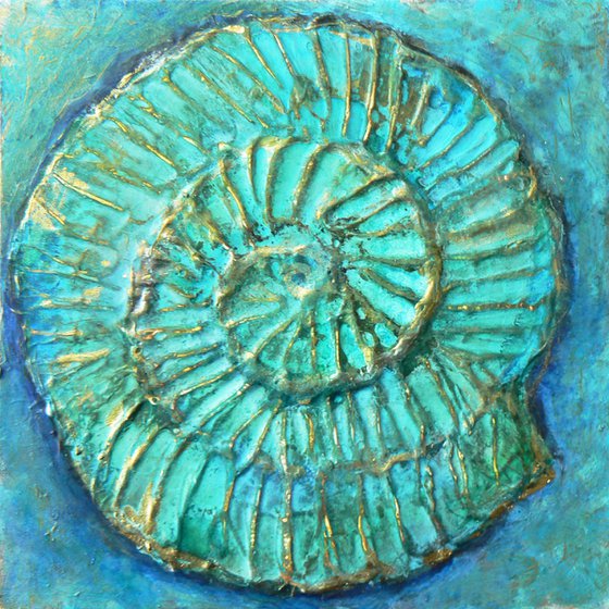 Fossil #2 (ammonite textured painting with gold highlights ) Framed ready to hang original