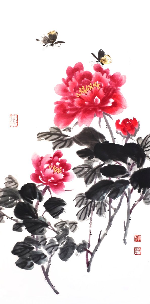 Peony and butterflies - Oriental Chinese Ink Painting by Ilana Shechter