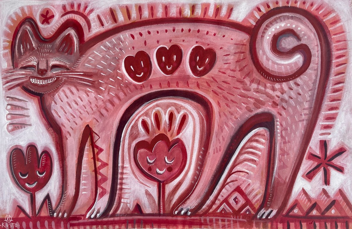 Impressionistic Animal Acrylic Painting By Daria Kusto, 32 X 21, Smiling Cat, Original Artwork