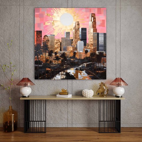 California Dreaming. Sunset in Los Angeles. Abstract expressionism urban USA palm trees and skyscrapers cityscene, colorful pink gold black bronze landscape art. Large wall art home decor. Art Gift by BAST