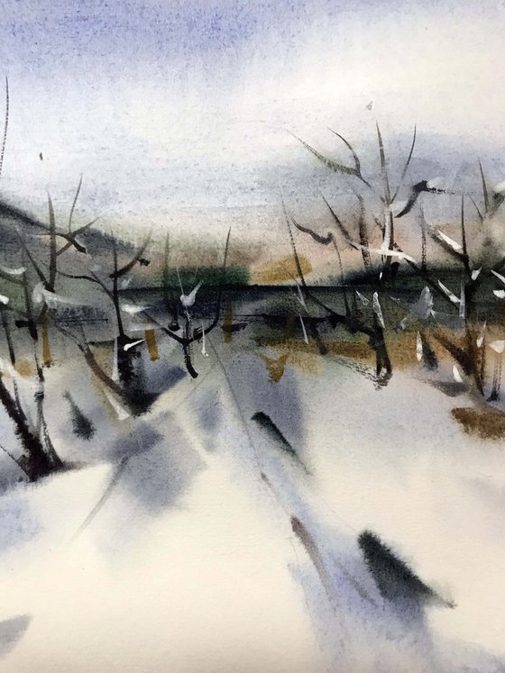 Winter vineyards. one of a kind. original work. painting.