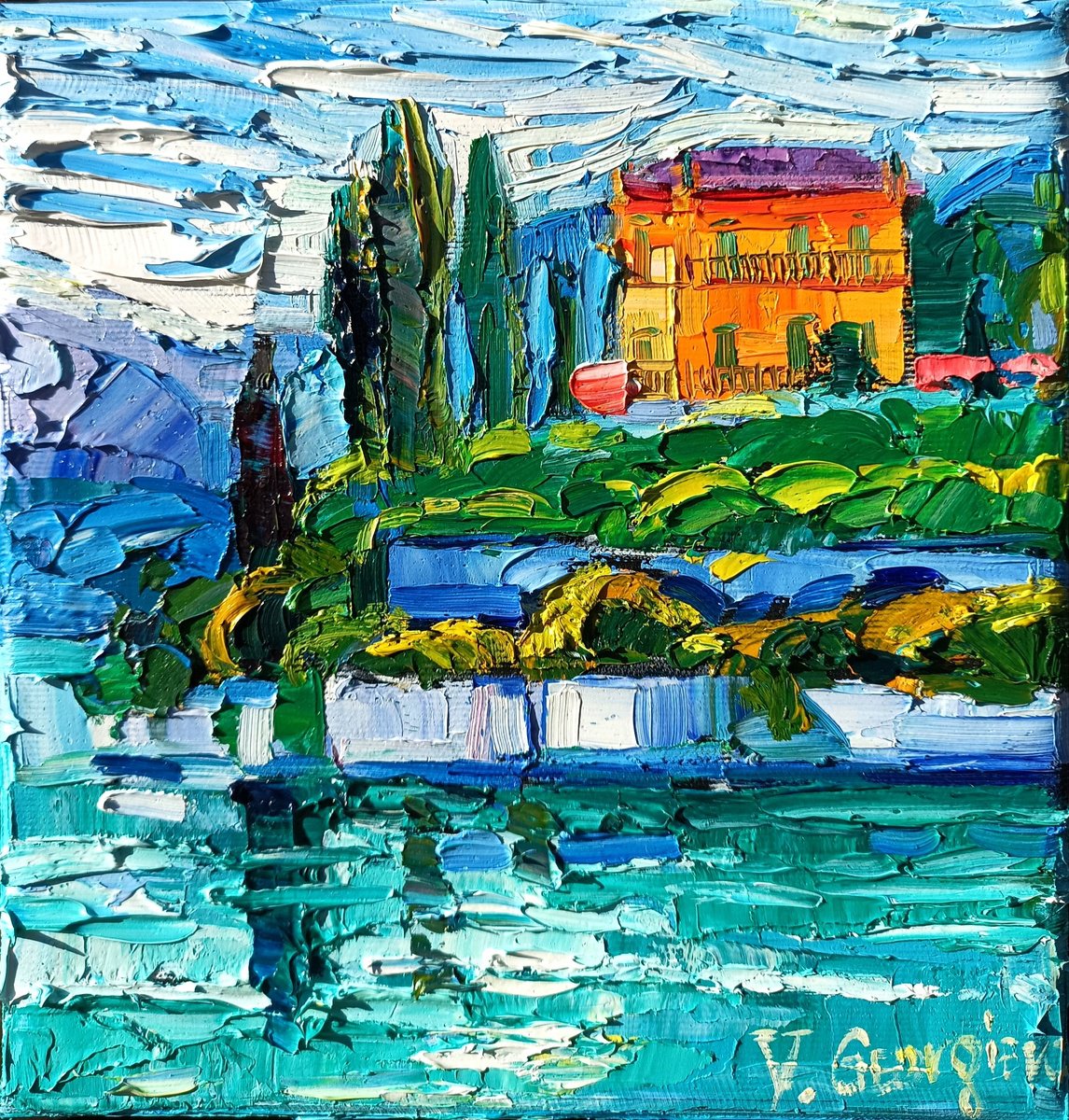 Impressionistic Landscape Oil Painting By Vanya Georgieva, 8 X 8", Art Gift Box - Como Lake, Original Artwork