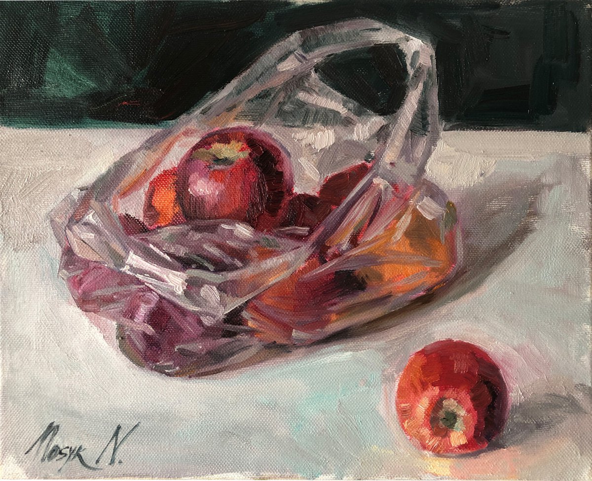 Red apples in plastic bag | still life modern purple original fruits oil painting by Nataliia Nosyk