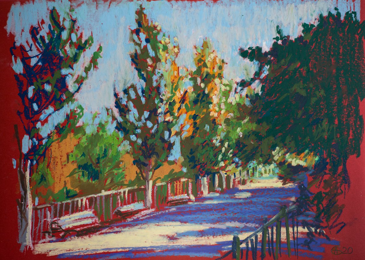 Autumn is coming. Evening plain air in the park. Oil pastel painting. Small original color... by Sasha Romm