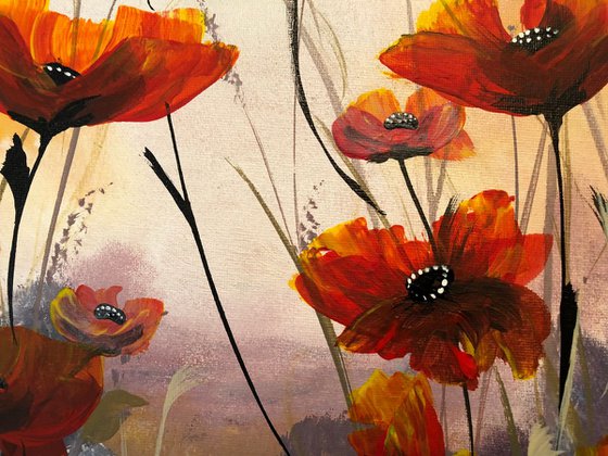 Red poppies on a large canvas