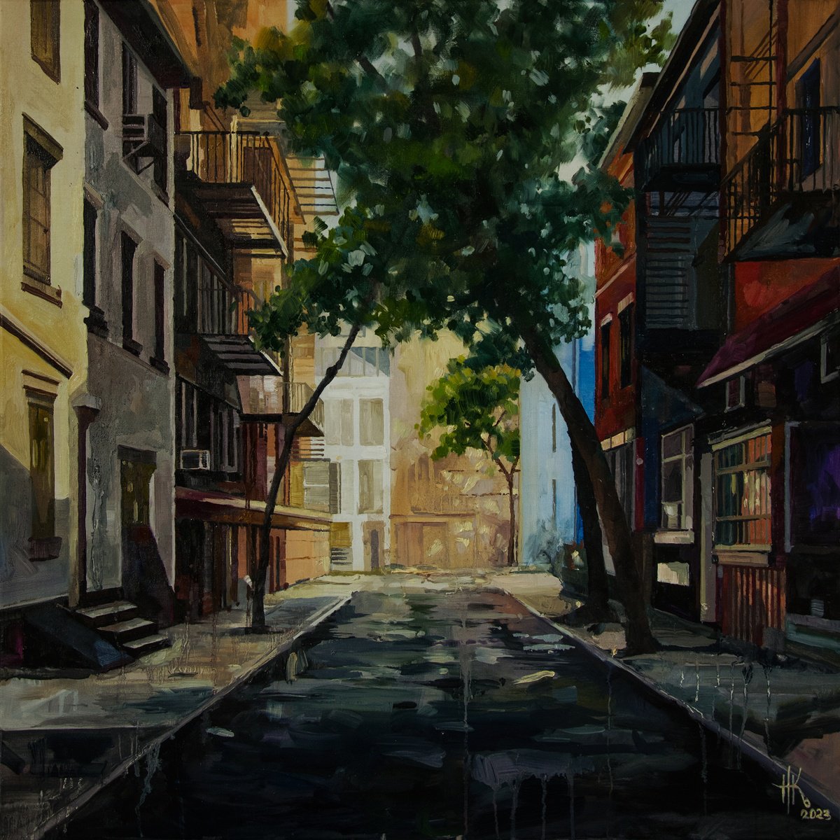 Expressive Cityscapes Oil Painting By Zhanna Kondratenko, 28 X 28", A Stroll Through Shadows, Original Artwork