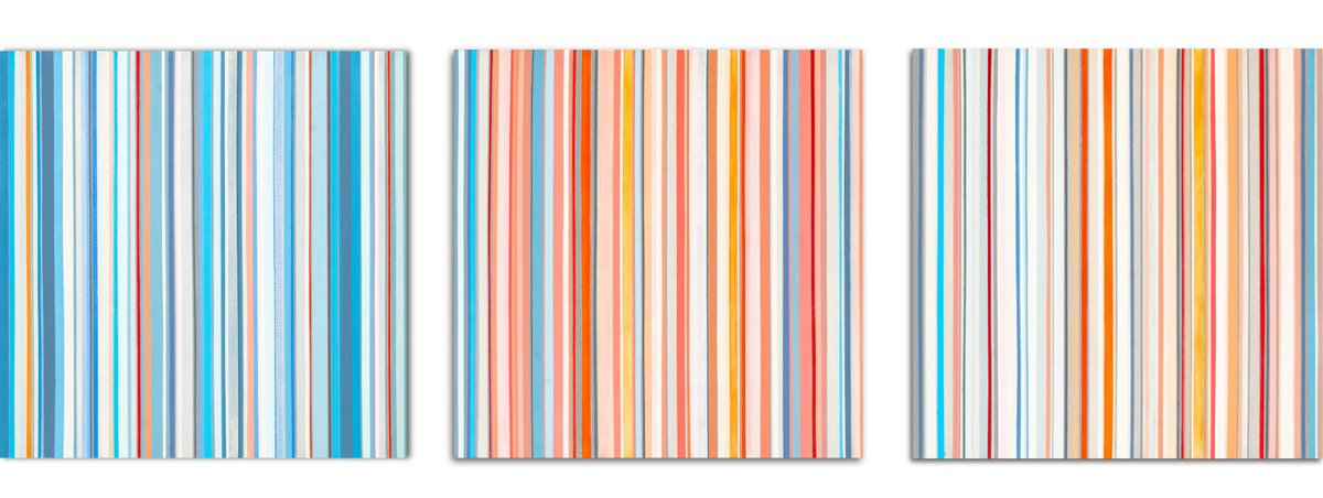 Geometric Abstract Acrylic Painting By Susana Sancho Beltran, 98 X 31", Triptych (Lines), Original Artwork