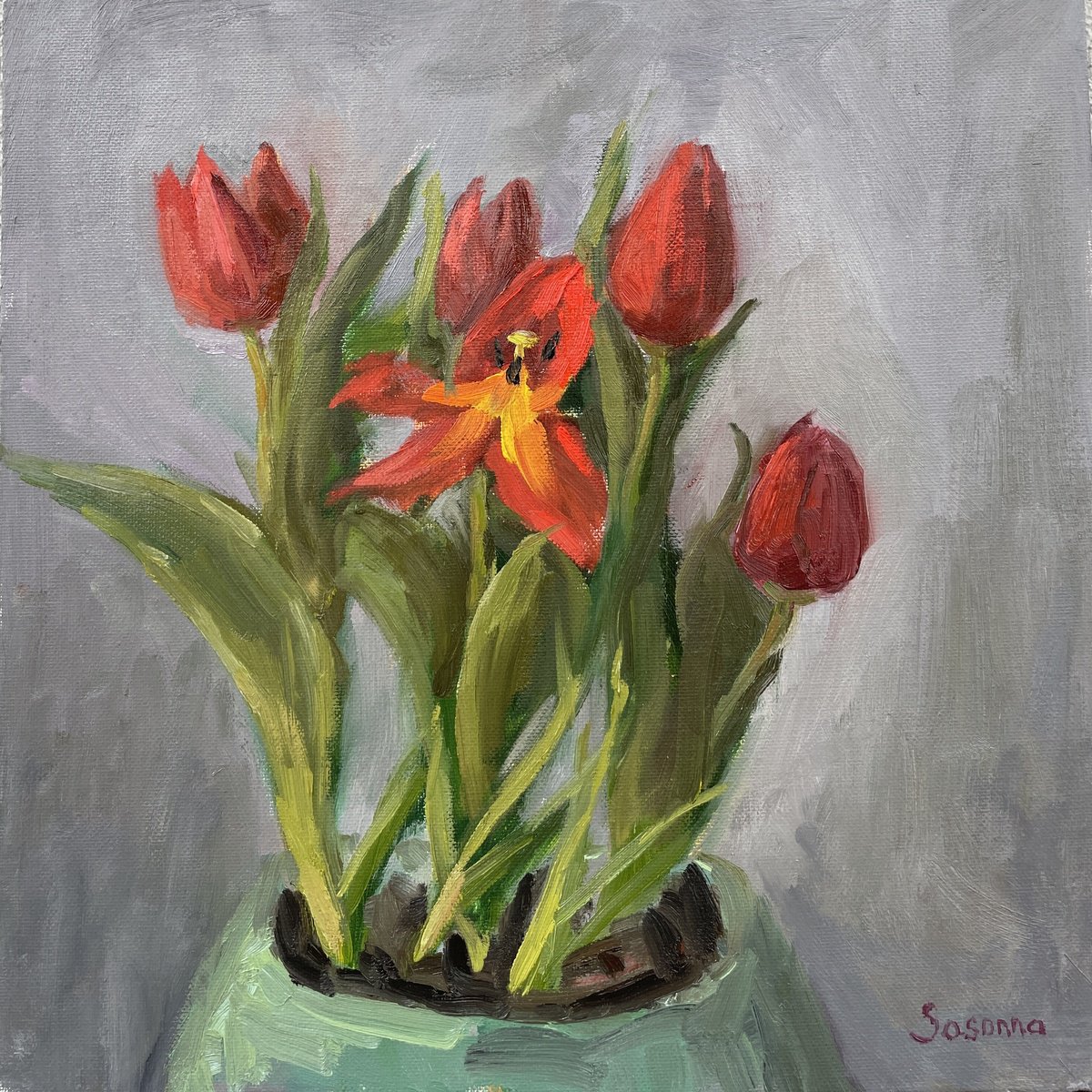 Impressionistic Botanical Oil Painting By Kate Sosonna, 12 X 12", Red Tulips, Original Artwork