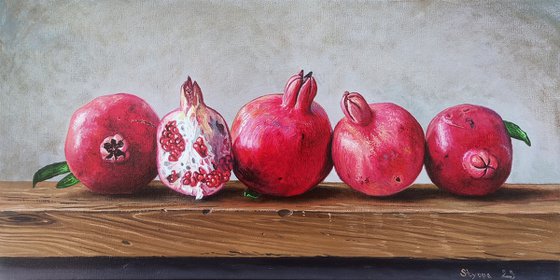 Still life - pomegranates (60x30cm, oil painting, ready to hang)