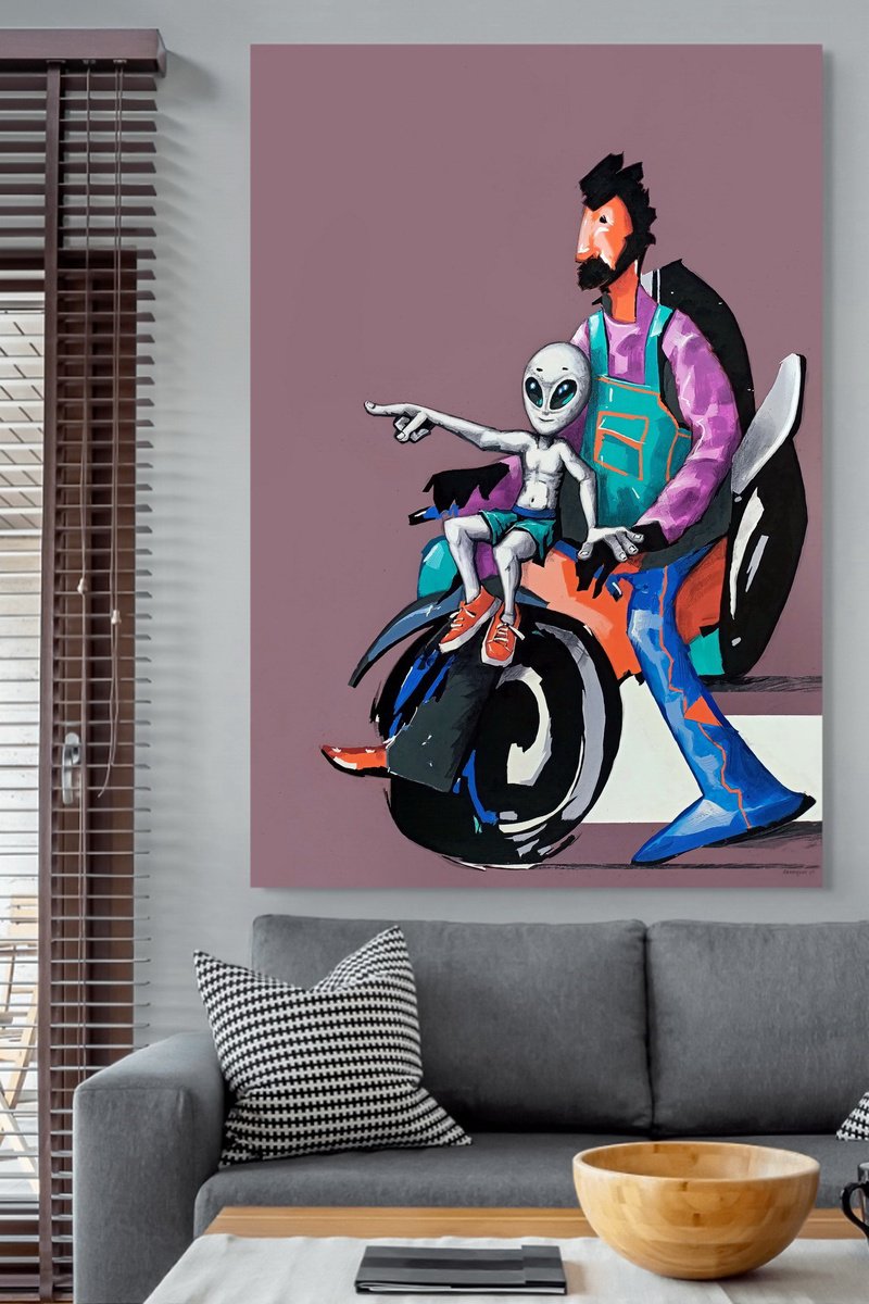 Surrealistic Portrait Acrylic Painting By Evgen Semenyuk, 37 X 55, Escape Plan. Unusual Adventure, Original Artwork