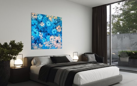 "Elegance in blue and apricot tones", XXL abstract flower painting