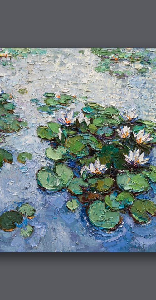 White Water Lilies - Large Original Oil painting 120 x 70 cm by Anastasiia Valiulina