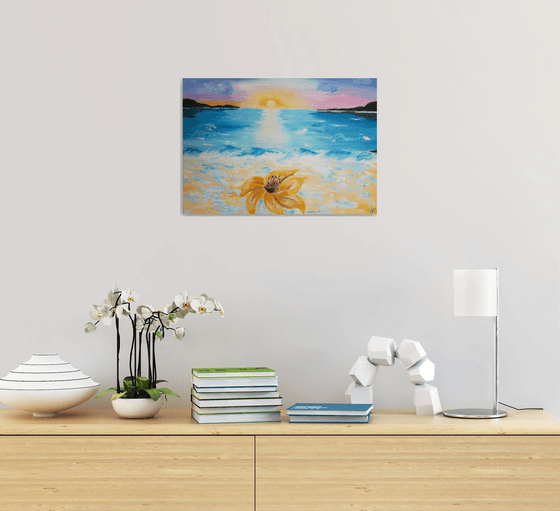 Miss you much, sea sky, flower, summer, original acrylic painting