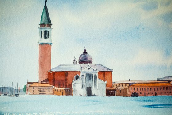 Venice seaview. Original watercolor. Italy architecture landscape seascape sea travel blue red sky decor