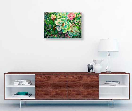 White rose hip, Wild Rose Painting Flower Original Art Abstract Floral Artwork 50x35 cm, ready to hang.