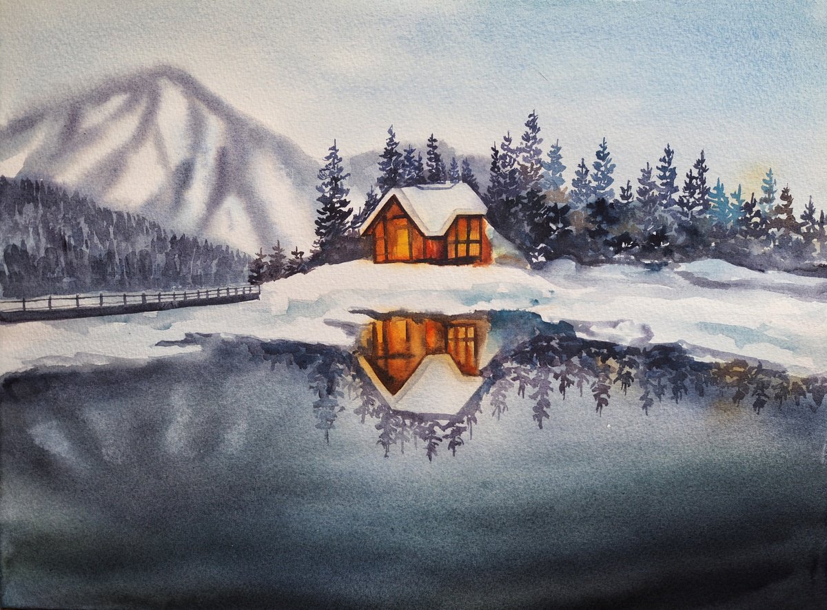 Impressionistic Landscape Watercolour By Delnara El, 15 X 11, Winter Twilight, Original Artwork