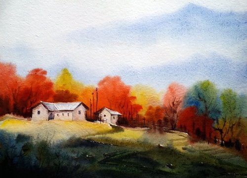 Beauty of Autumn Mountain Village - Watercolor Painting by Samiran Sarkar