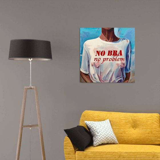 NO BRA NO PROBLEM - oil painting on canvas original gift for him naked woman seaside wet t-shirt nipples pop art bachelor interior