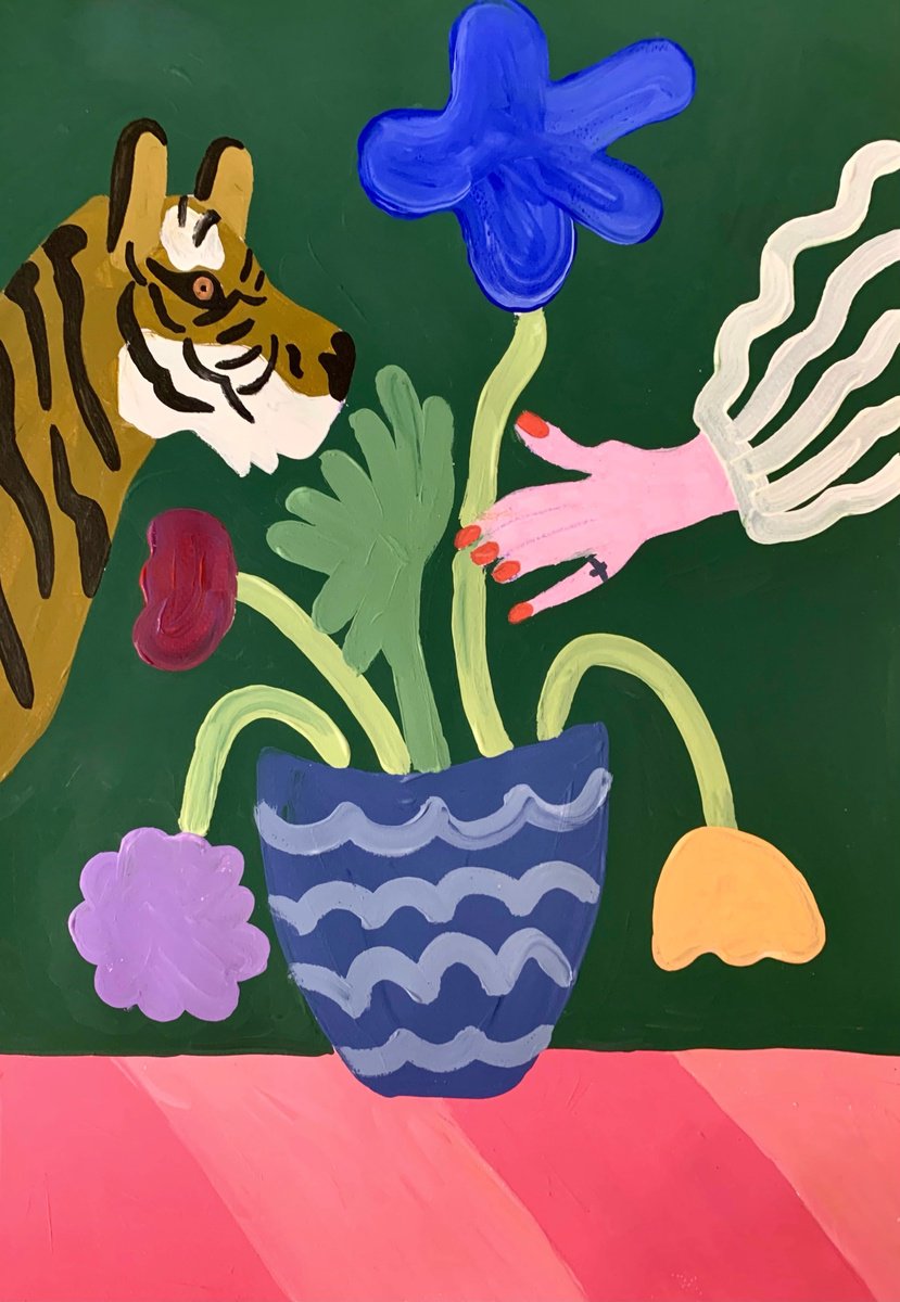 Urban And Pop Animal Acrylic Painting By Aurora Camaiani, 14 X 20, Woman And Tiger, Original Artwork