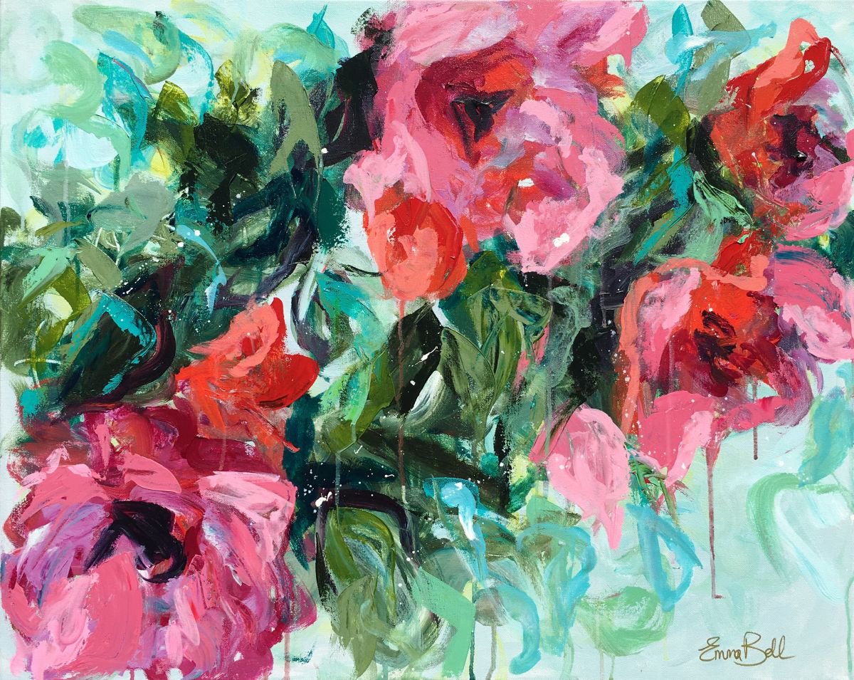 Pink in Bloom - Abstract floral in acrylic size 24x30 by Emma Bell