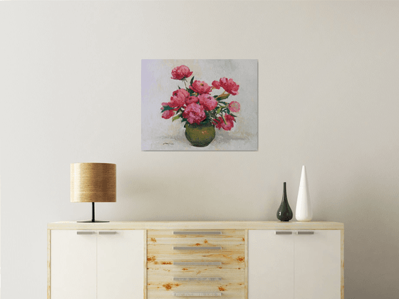 Peonies in Olive Green Vase