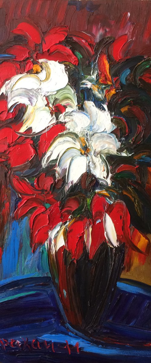 BOUQUET - still life with flowers,  red black blue, floral art,  original oil painting, winter flowers,  impressionism art office interior home decore, small size gift 70x55 by Karakhan