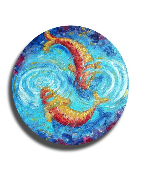 Cycle - fishs, love, fish oil painting, round canvas, gold fish, water, goldfishs oil painting