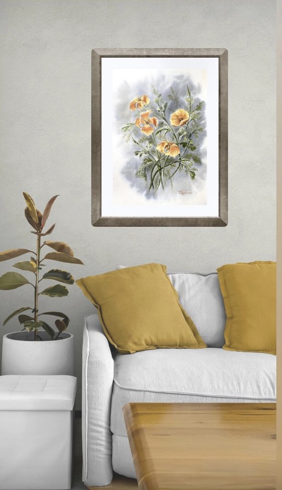 California poppies in vintage style, flowers