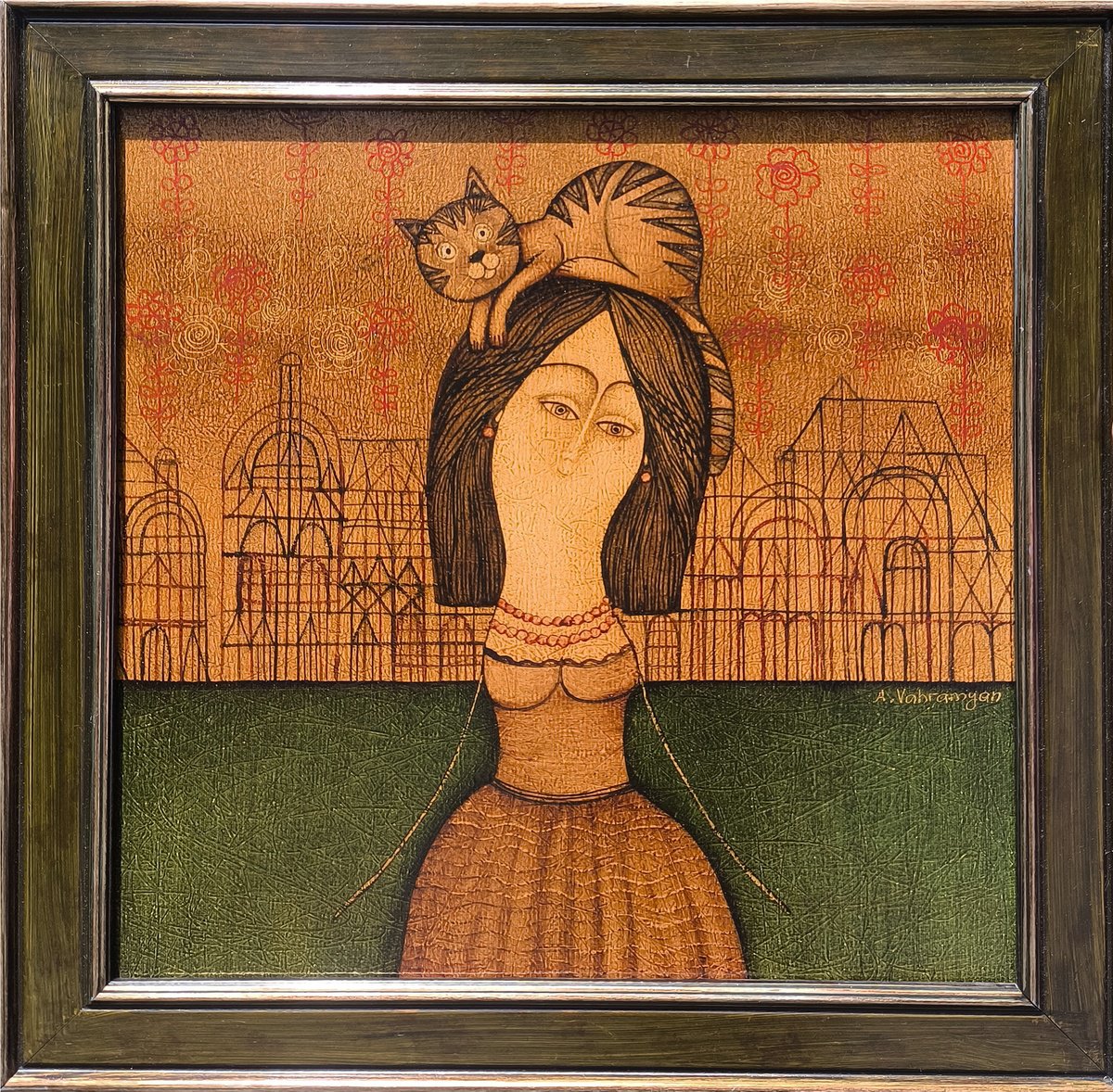 Naive Portrait Oil Painting By Armen Vahramyan, 18 X 18, Crowned In Curiosity, Original Artwork